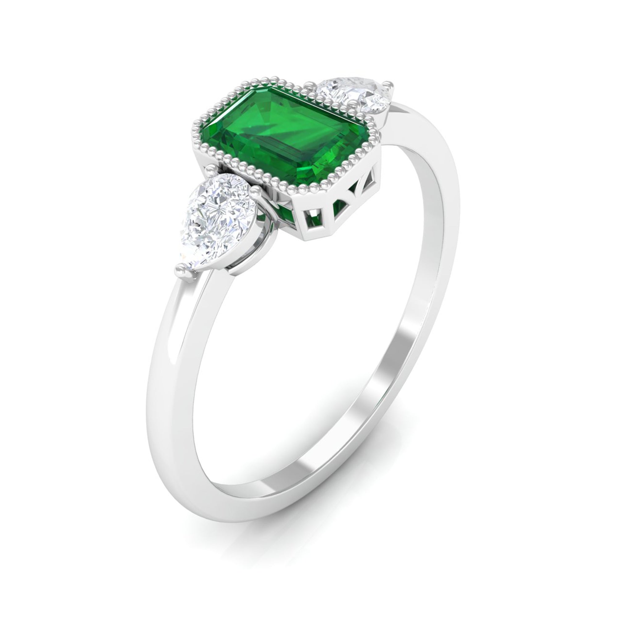 Rosec Jewels-Created Emerald and Diamond Three Stone Ring in Bezel Setting