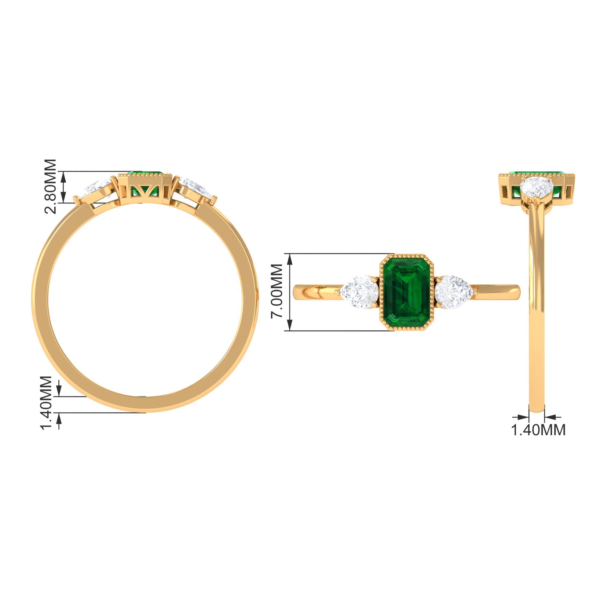 Rosec Jewels-Created Emerald and Diamond Three Stone Ring in Bezel Setting