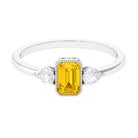 Rosec Jewels-Beaded Bezel Set Emerald Cut Yellow Sapphire Solitaire Ring with Diamond