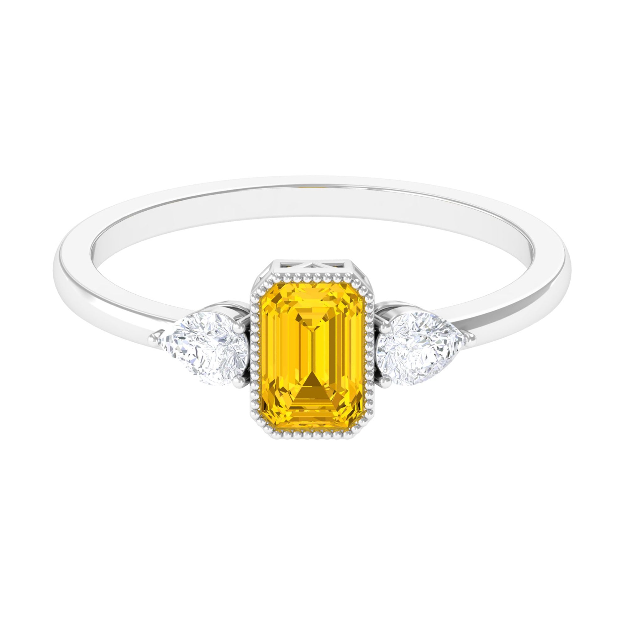 Rosec Jewels-Beaded Bezel Set Emerald Cut Yellow Sapphire Solitaire Ring with Diamond