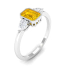 Rosec Jewels-Beaded Bezel Set Emerald Cut Yellow Sapphire Solitaire Ring with Diamond