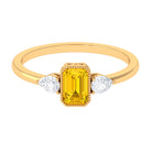 Rosec Jewels-Beaded Bezel Set Emerald Cut Yellow Sapphire Solitaire Ring with Diamond