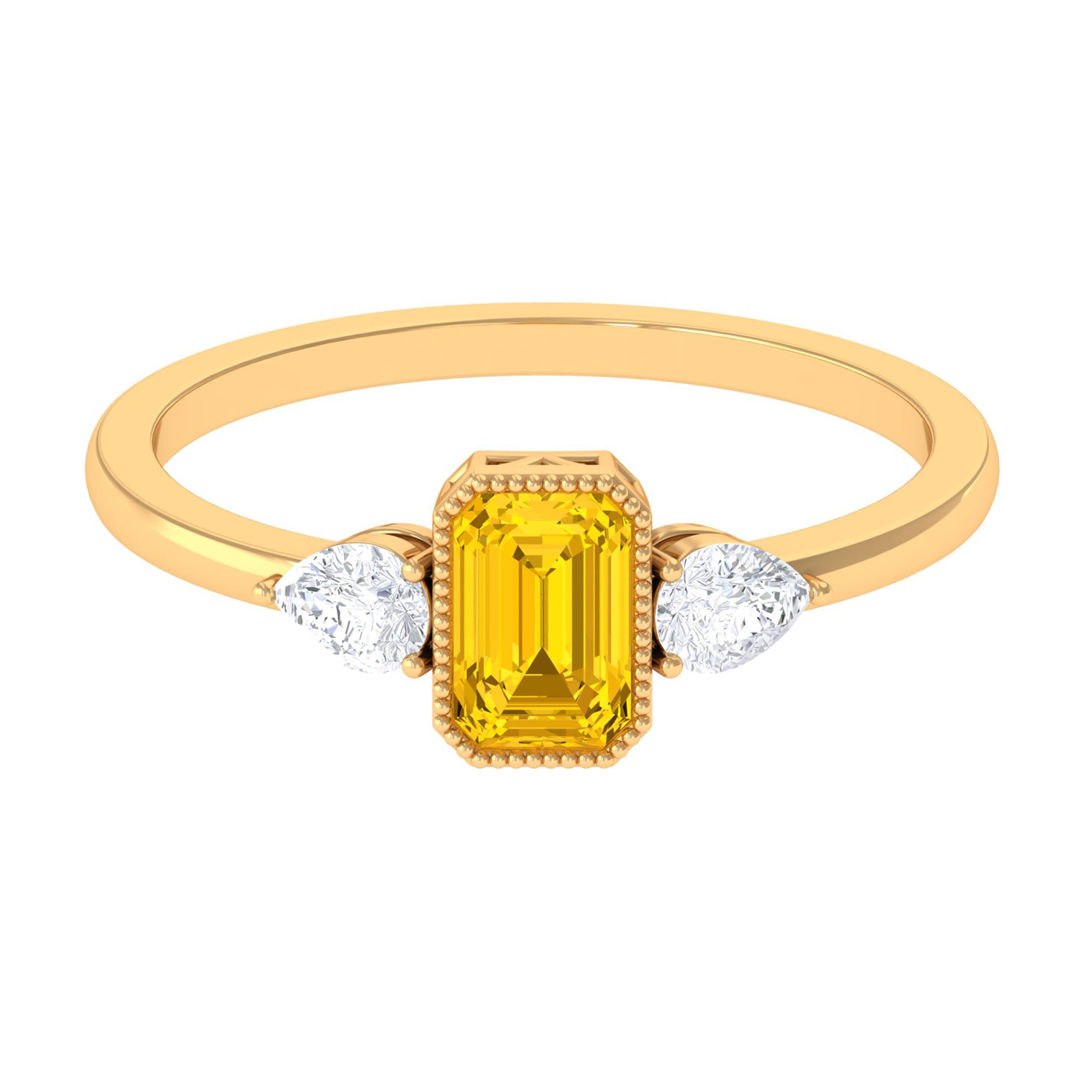 Rosec Jewels-Beaded Bezel Set Emerald Cut Yellow Sapphire Solitaire Ring with Diamond