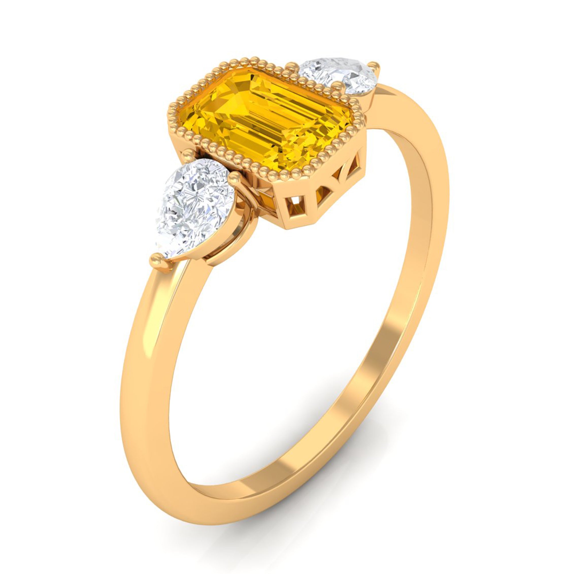 Rosec Jewels-Beaded Bezel Set Emerald Cut Yellow Sapphire Solitaire Ring with Diamond