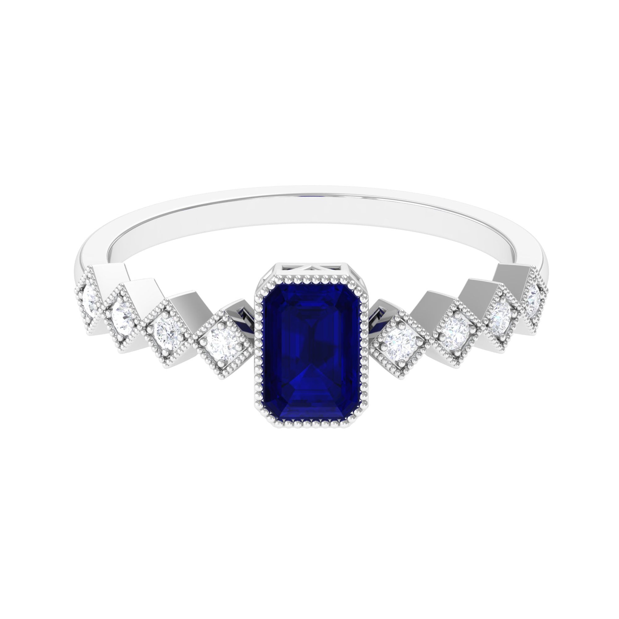 Rosec Jewels-Octagon Cut Solitaire Engagement Ring with Blue Sapphire and Diamond