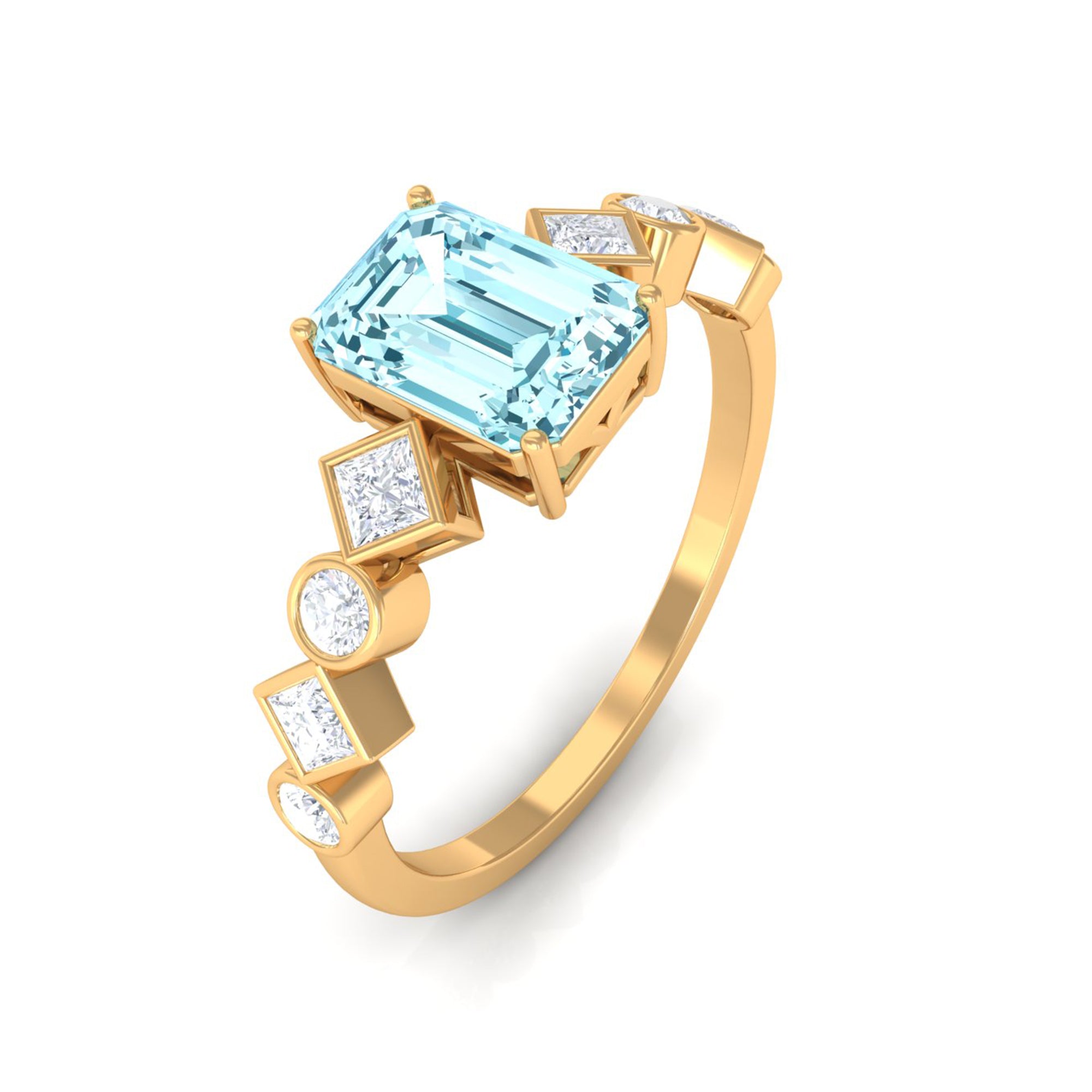 Rosec Jewels-Emerald Cut Aquamarine Engagement Ring with Diamond Side Stones