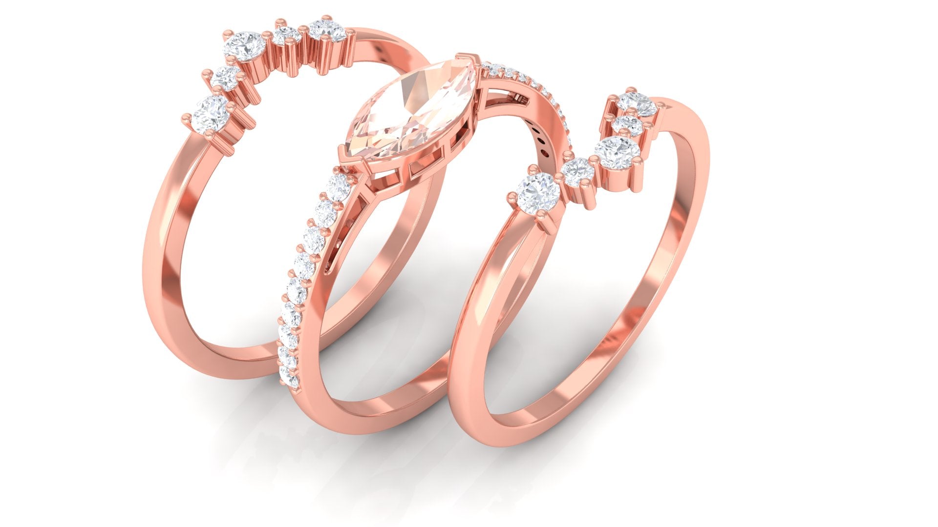 Rosec Jewels-Marquise Cut Morganite Stackable Ring Set with Diamond