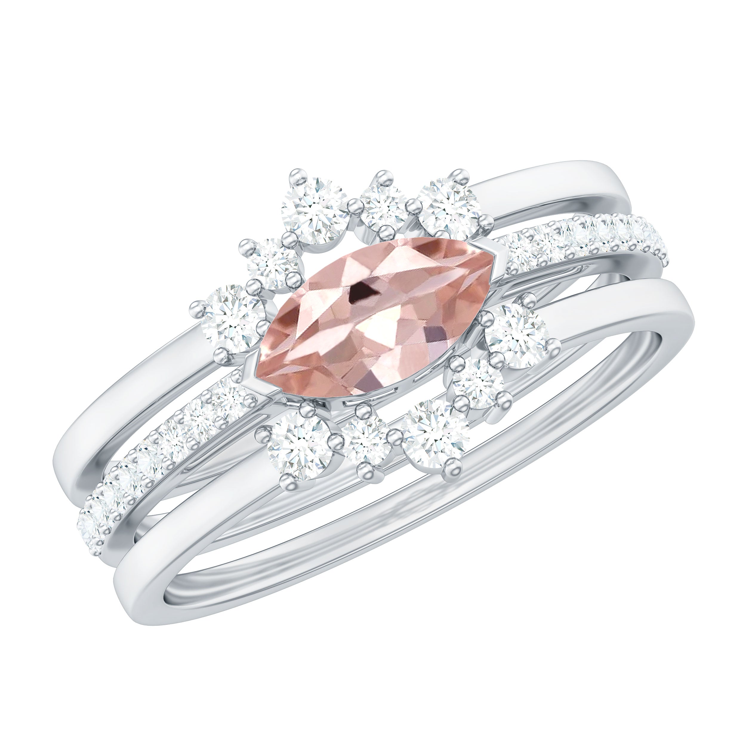 Rosec Jewels-Marquise Cut Morganite Stackable Ring Set with Diamond