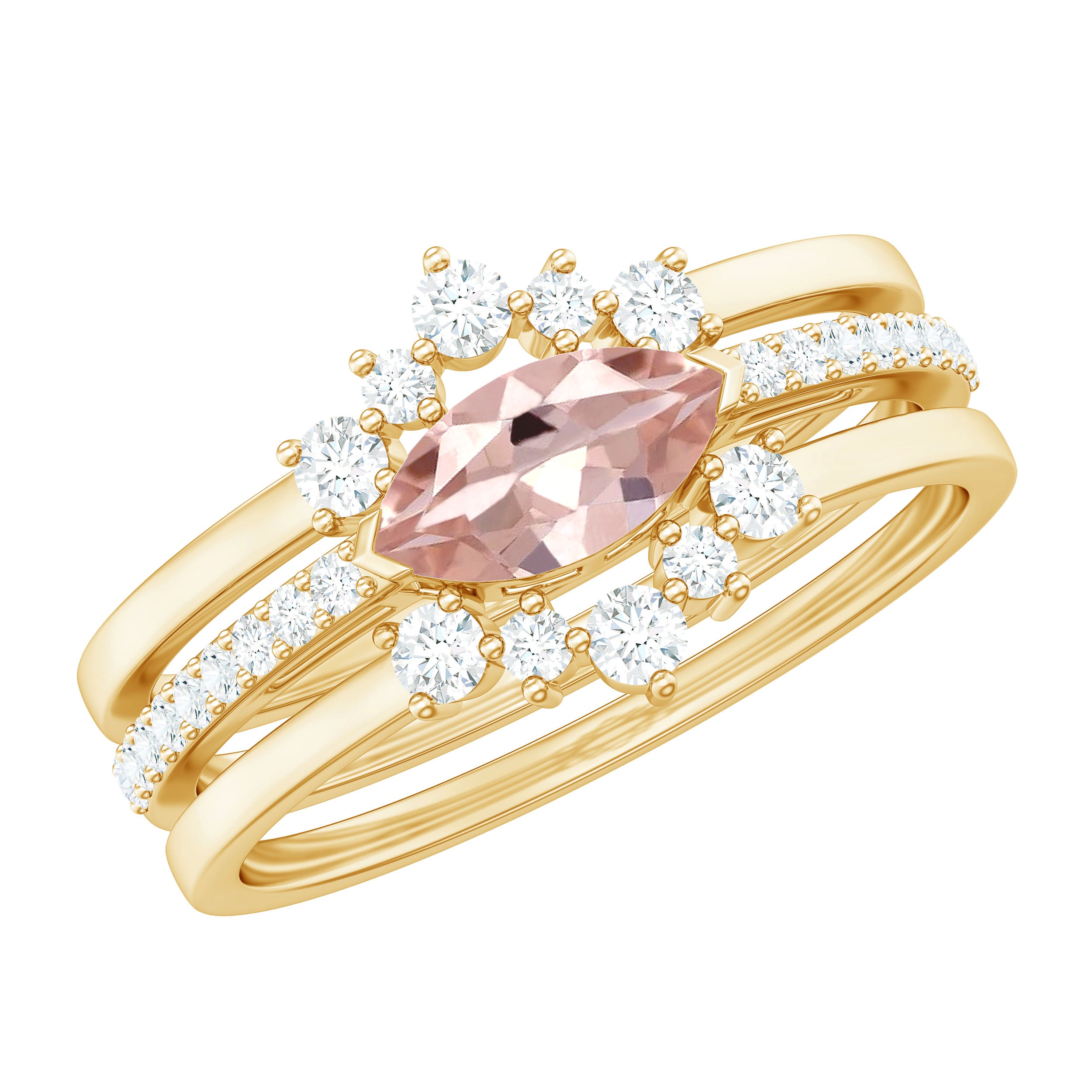 Rosec Jewels-Marquise Cut Morganite Stackable Ring Set with Diamond