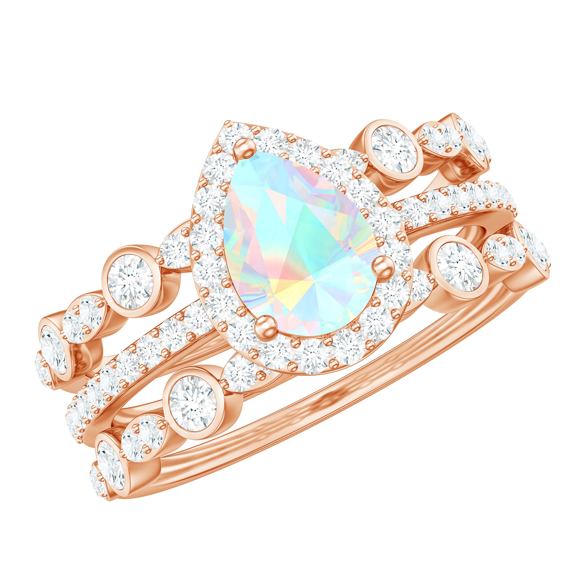 Rosec Jewels-Pear Cut Ethiopian Opal Bridal Trio Ring Set with Moissanite Band