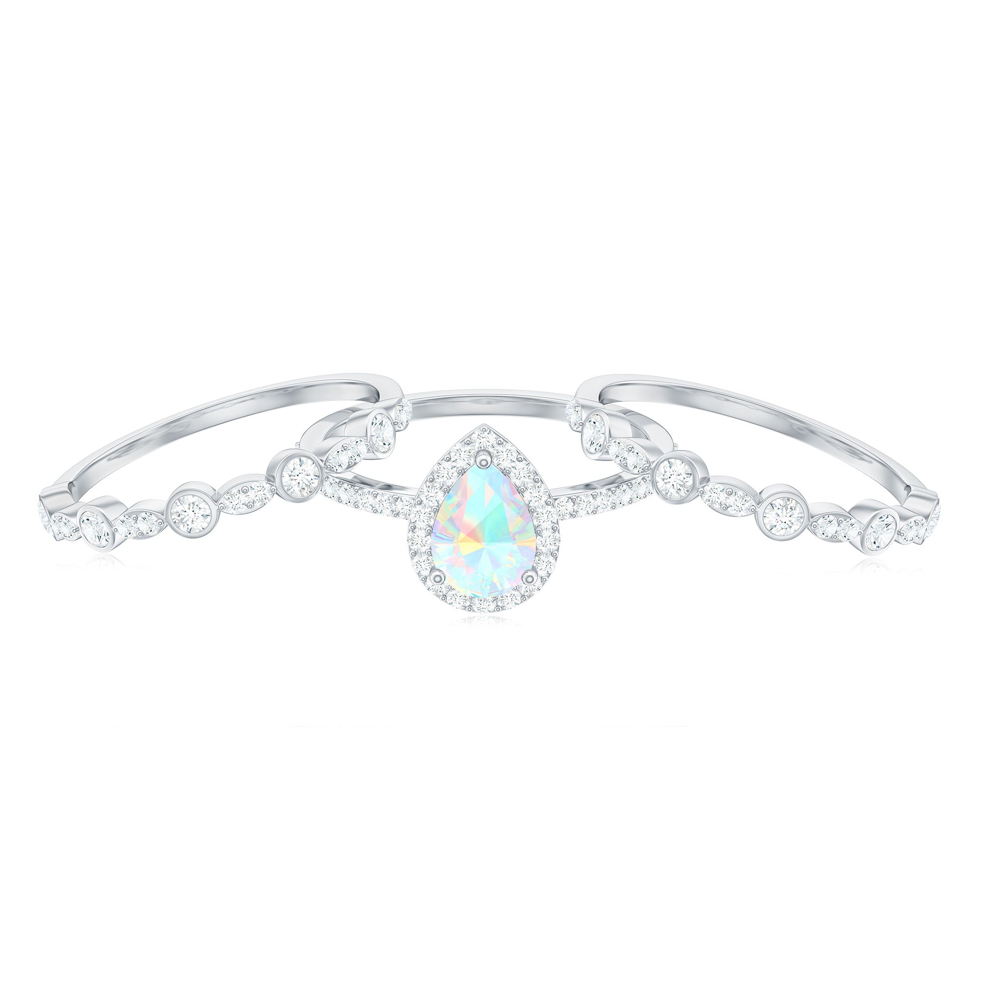 Rosec Jewels-Pear Cut Ethiopian Opal Bridal Trio Ring Set with Moissanite Band