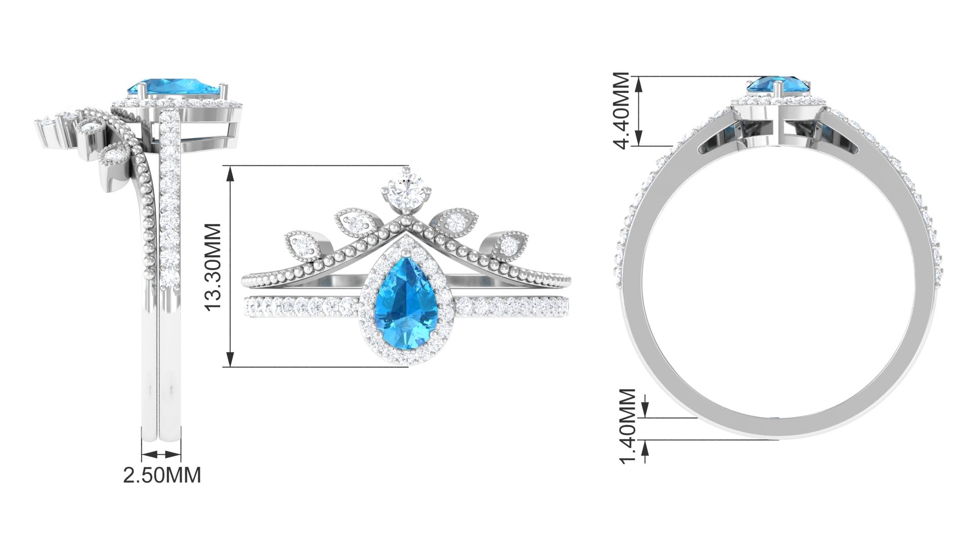 Rosec Jewels-Vintage Inspired Swiss Blue Topaz Teardrop Wedding Ring Set with Diamond