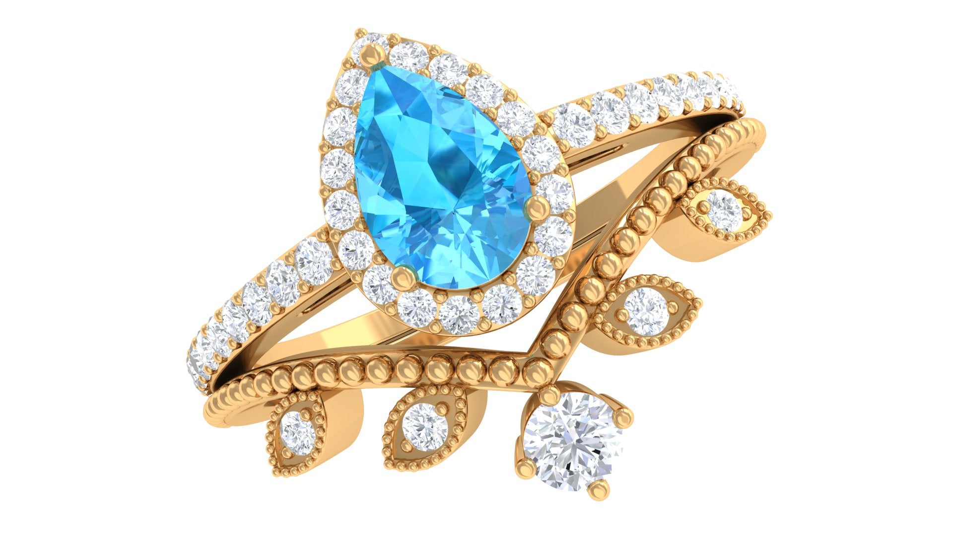 Rosec Jewels-Vintage Inspired Swiss Blue Topaz Teardrop Wedding Ring Set with Diamond