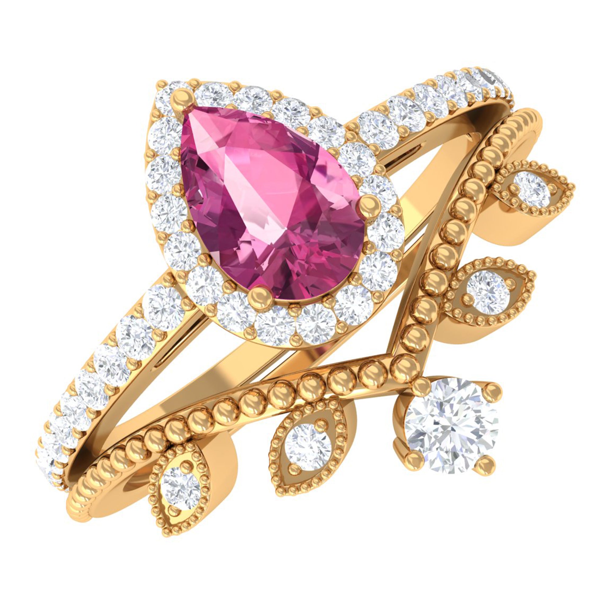 Pink tourmaline Vintage Teardrop Wedding Ring Set with Diamond Pink Tourmaline - ( AAA ) - Quality - Rosec Jewels