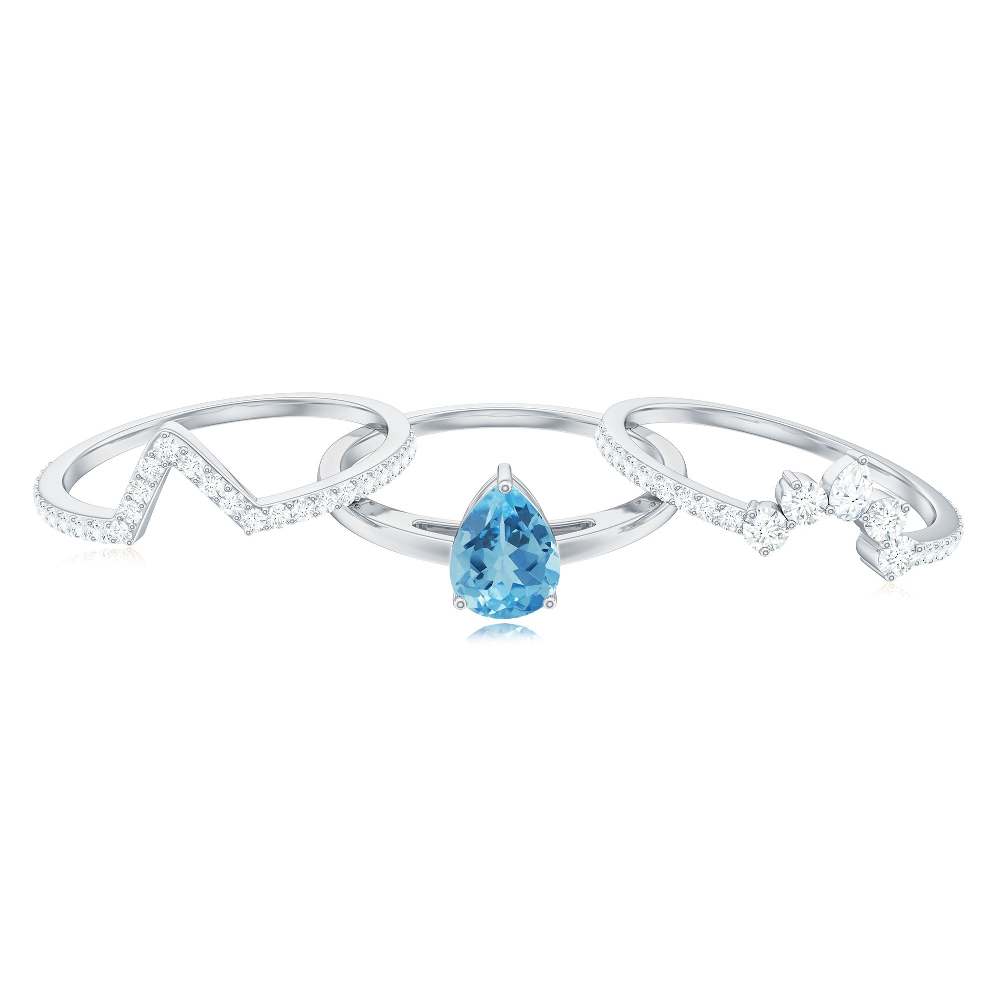 Rosec Jewels-Pear Cut Swiss Blue Topaz Trio Wedding Ring Set with Moissanite