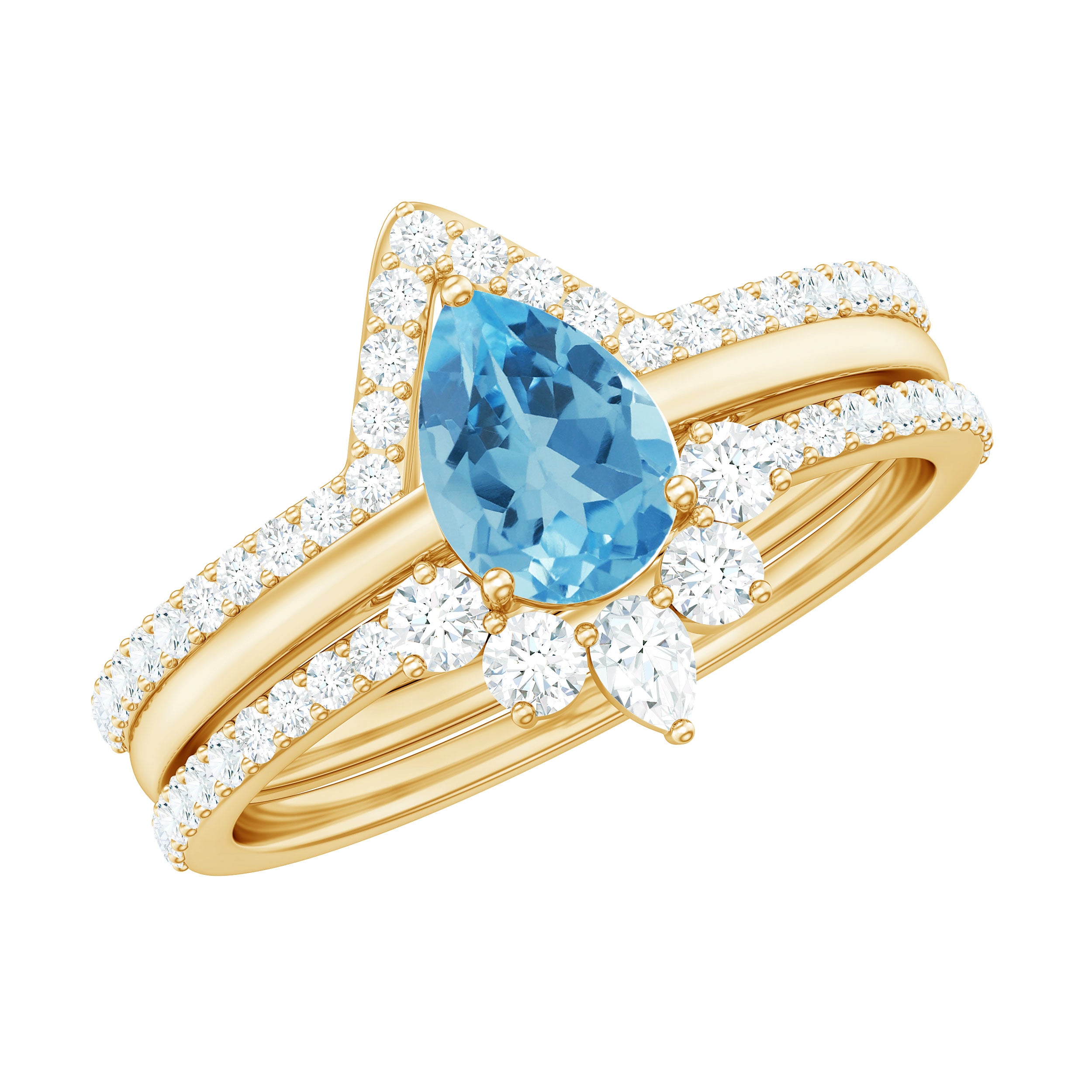 Rosec Jewels-Pear Cut Swiss Blue Topaz Trio Wedding Ring Set with Moissanite