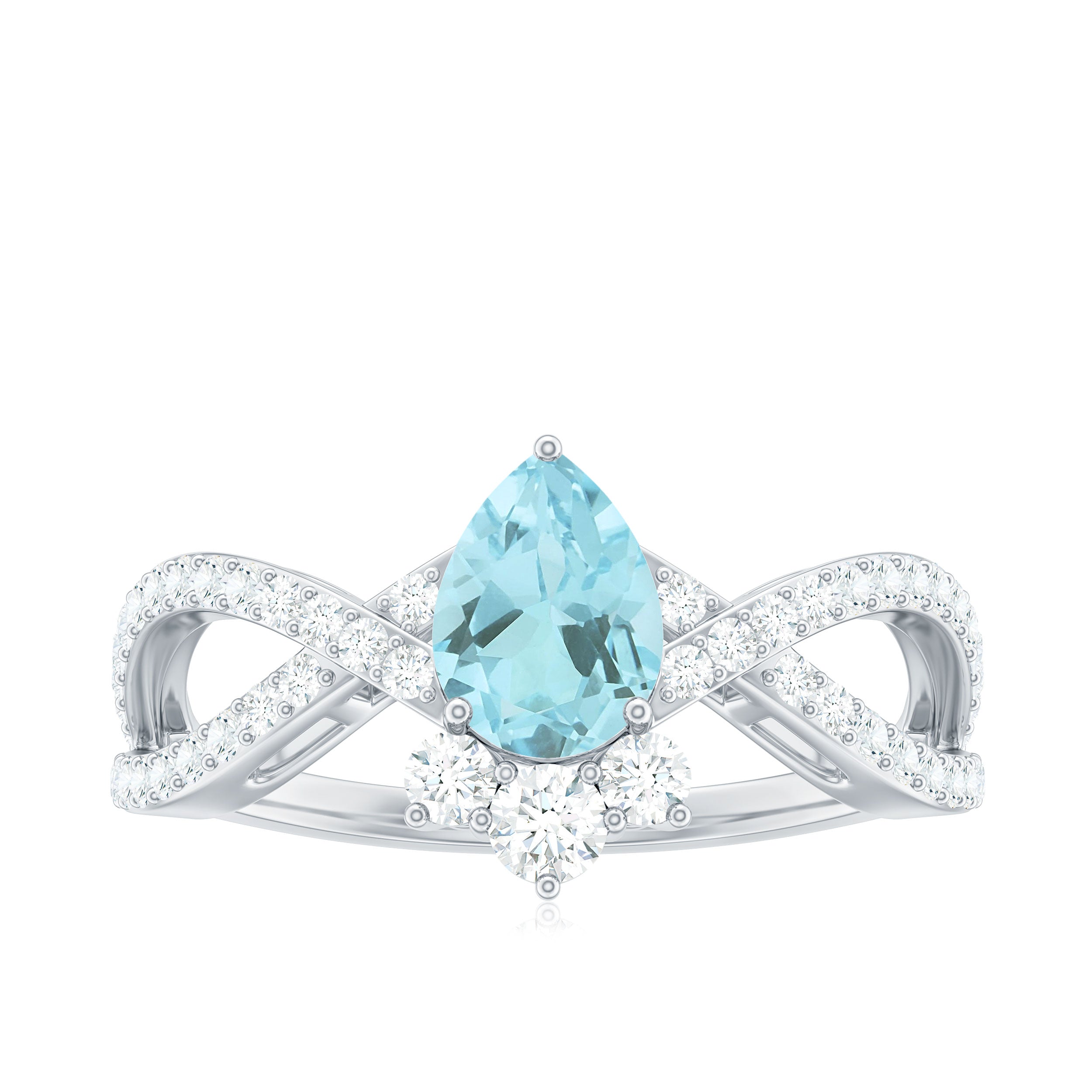 Rosec Jewels-Pear Cut Sky Blue Topaz Designer Crossover Engagement Ring with Diamond