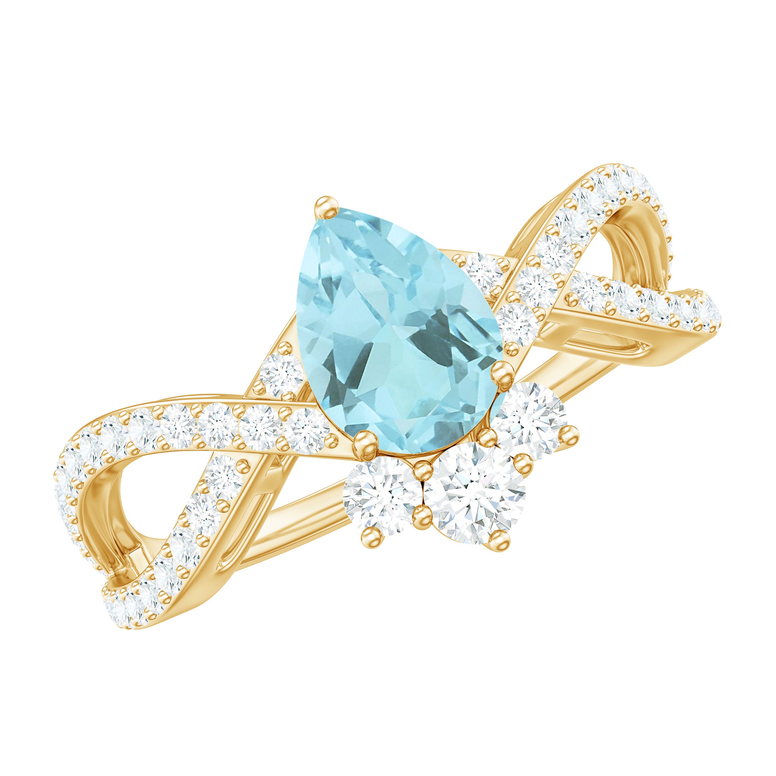 Rosec Jewels-Pear Cut Sky Blue Topaz Designer Crossover Engagement Ring with Diamond