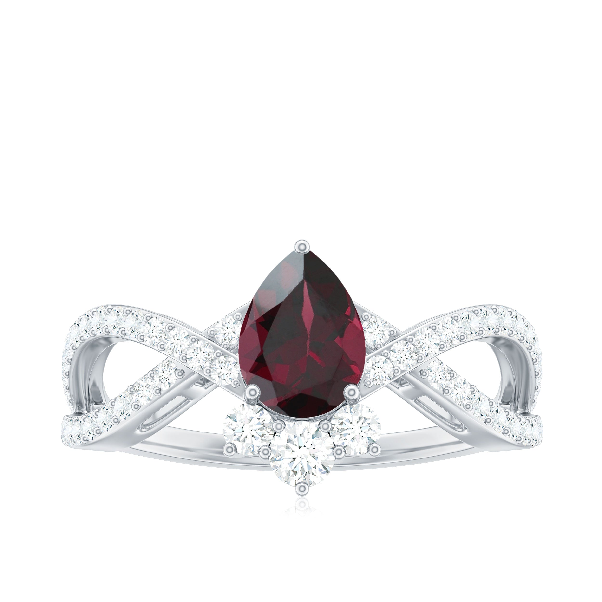 Rosec Jewels-1.75 CT Pear Cut Rhodolite Designer Solitaire Engagement Ring with Crossover Diamond