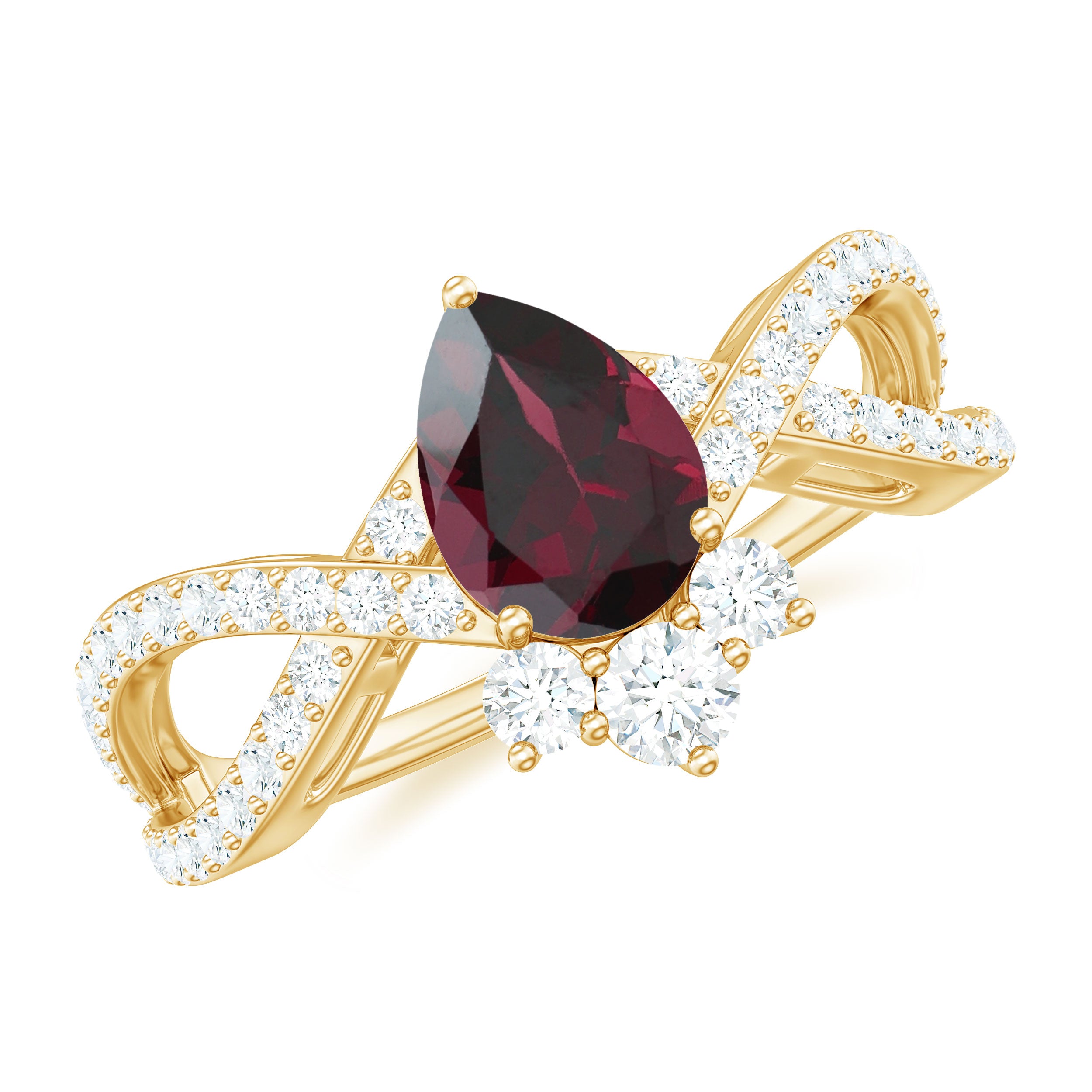 Rosec Jewels-1.75 CT Pear Cut Rhodolite Designer Solitaire Engagement Ring with Crossover Diamond