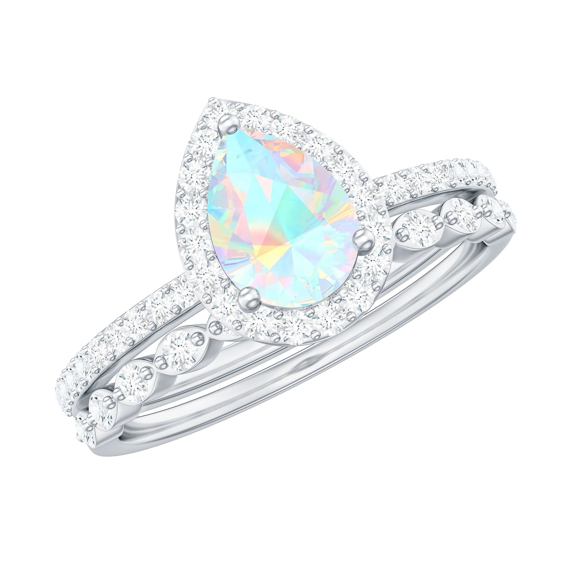 Rosec Jewels-Teardrop Ethiopian Opal Bridal Ring Set with Diamond