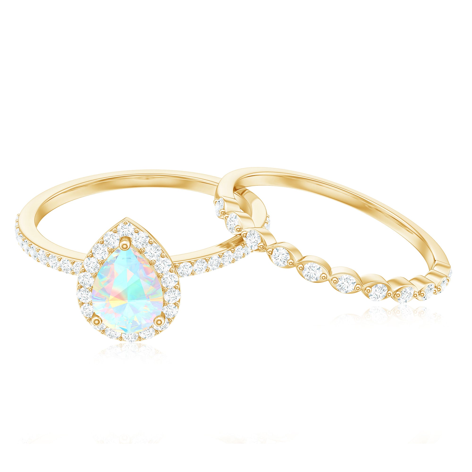 Rosec Jewels-Teardrop Ethiopian Opal Bridal Ring Set with Diamond