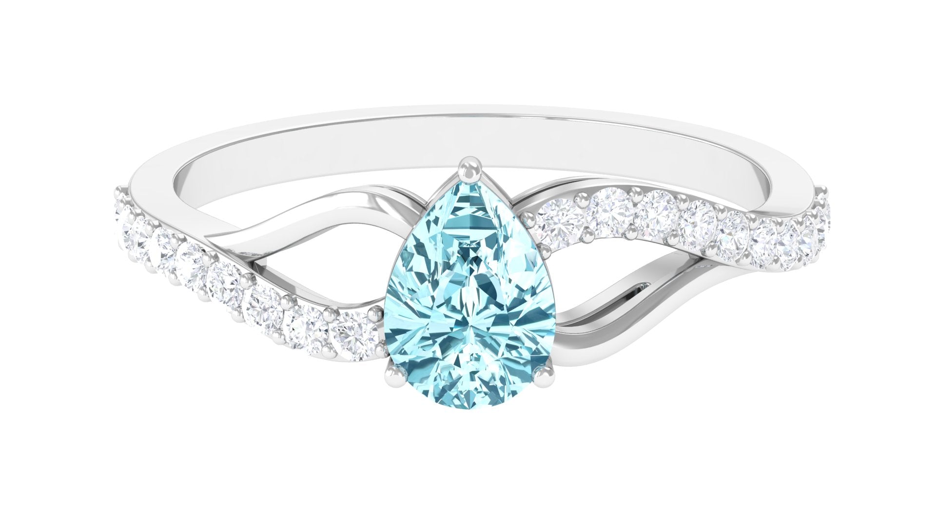 Rosec Jewels-Split Shank Pear Cut Aquamarine Solitaire Ring with Diamond