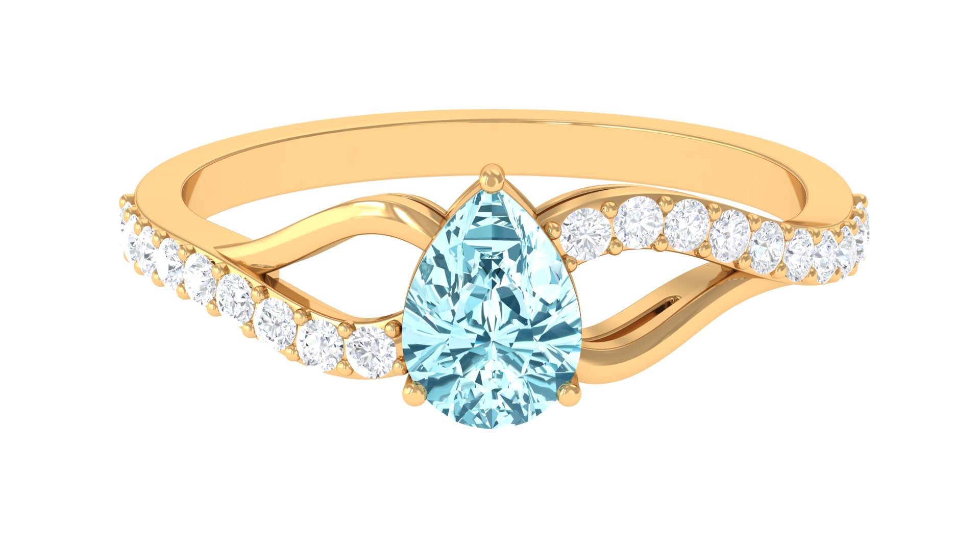 Rosec Jewels-Split Shank Pear Cut Aquamarine Solitaire Ring with Diamond