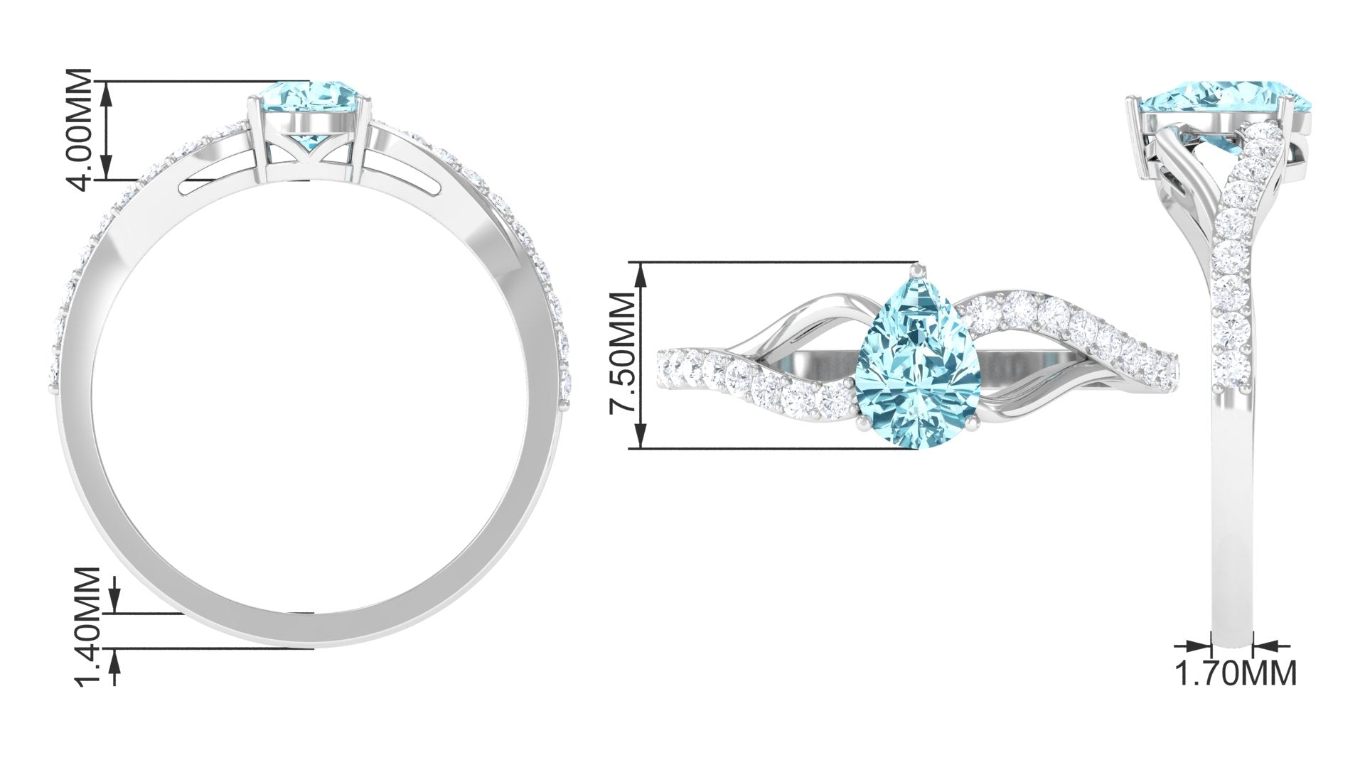 Rosec Jewels-Split Shank Pear Cut Aquamarine Solitaire Ring with Diamond