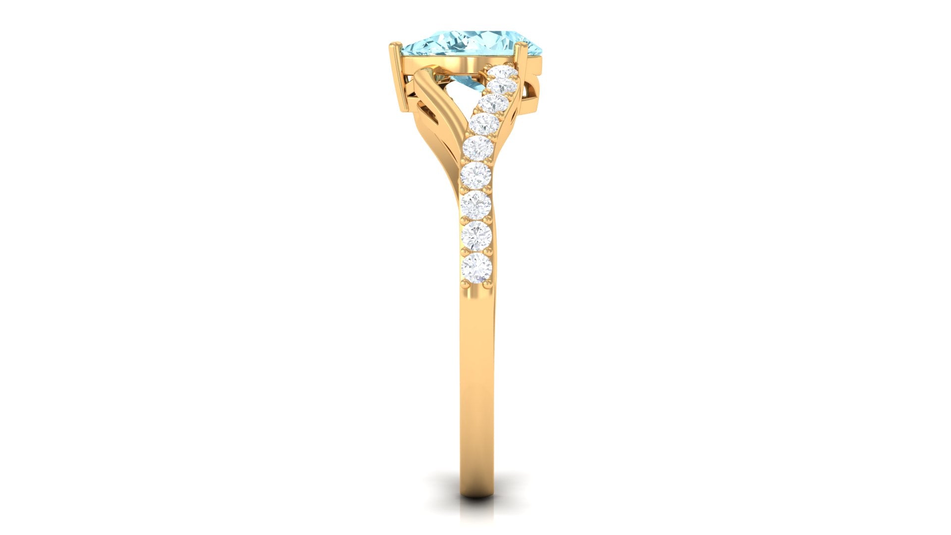 Rosec Jewels-Split Shank Pear Cut Aquamarine Solitaire Ring with Diamond