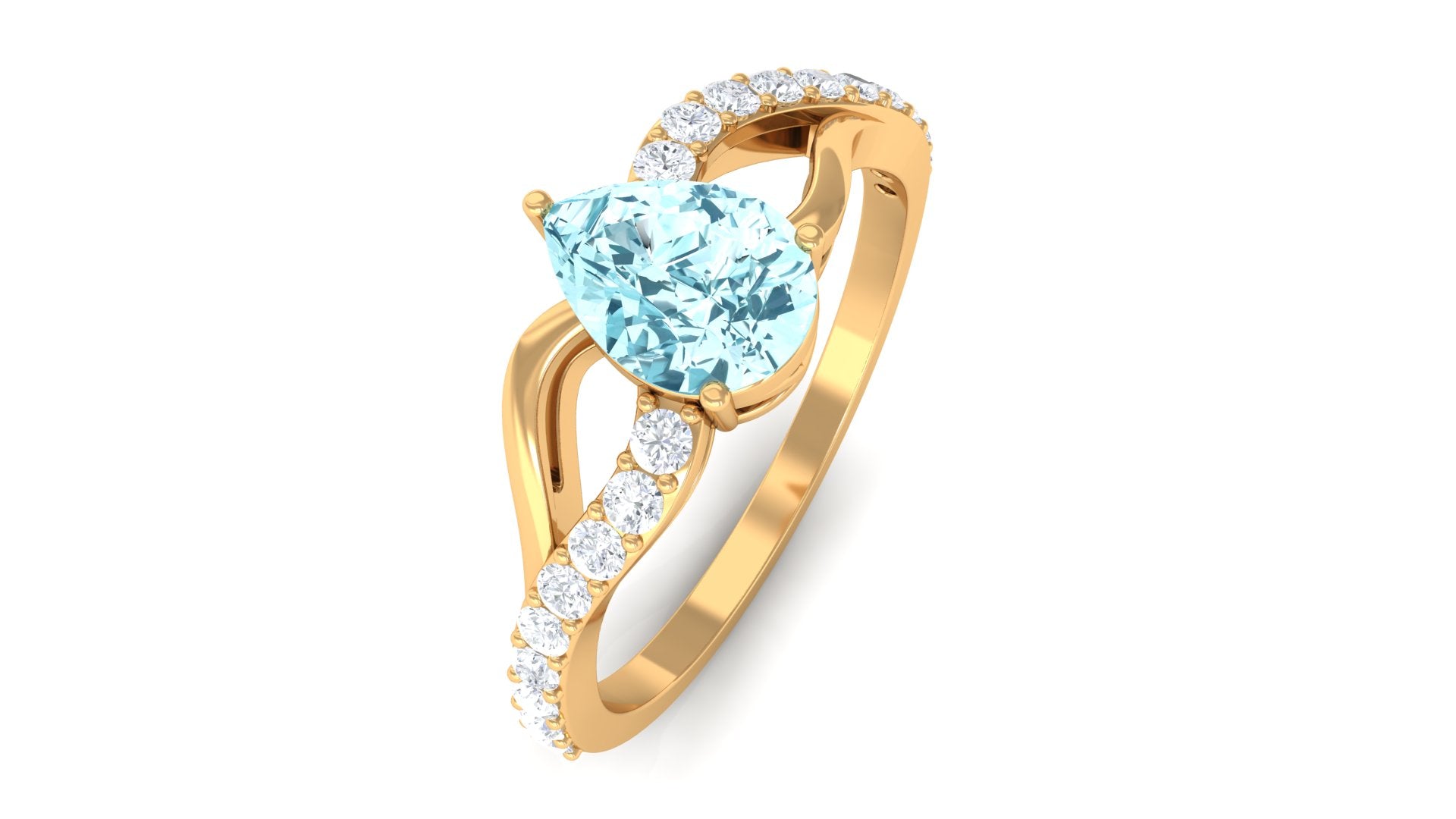 Rosec Jewels-Split Shank Pear Cut Aquamarine Solitaire Ring with Diamond