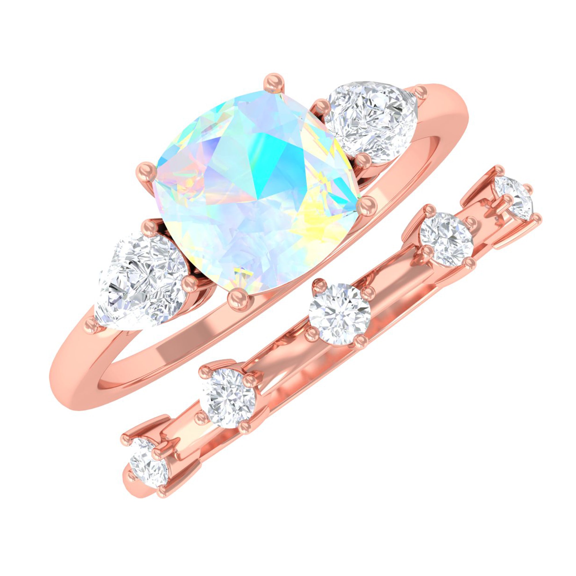 Rosec Jewels-Cushion Cut Real Ethiopian Opal Ring Set with Moissanite