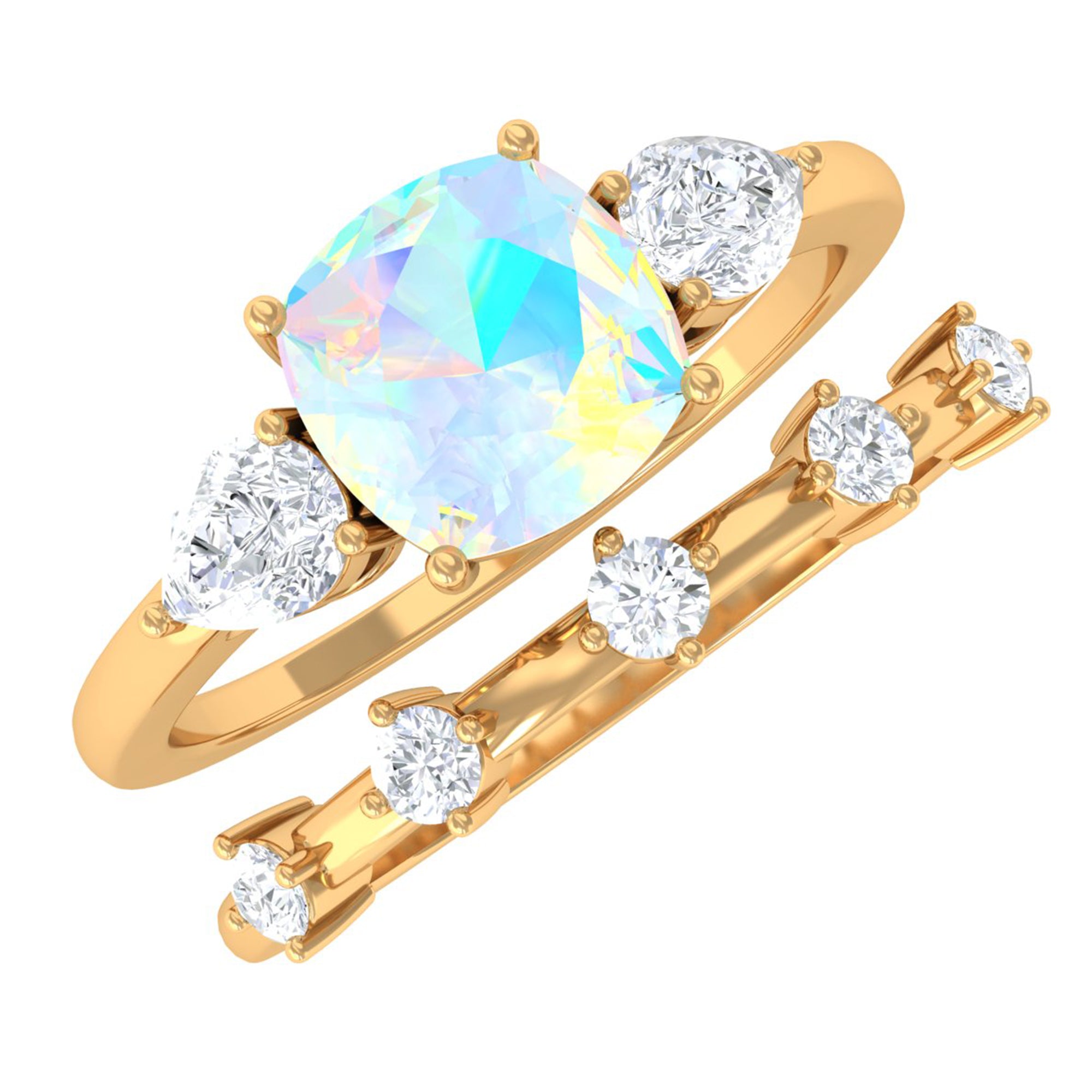 Rosec Jewels-Cushion Cut Real Ethiopian Opal Ring Set with Moissanite