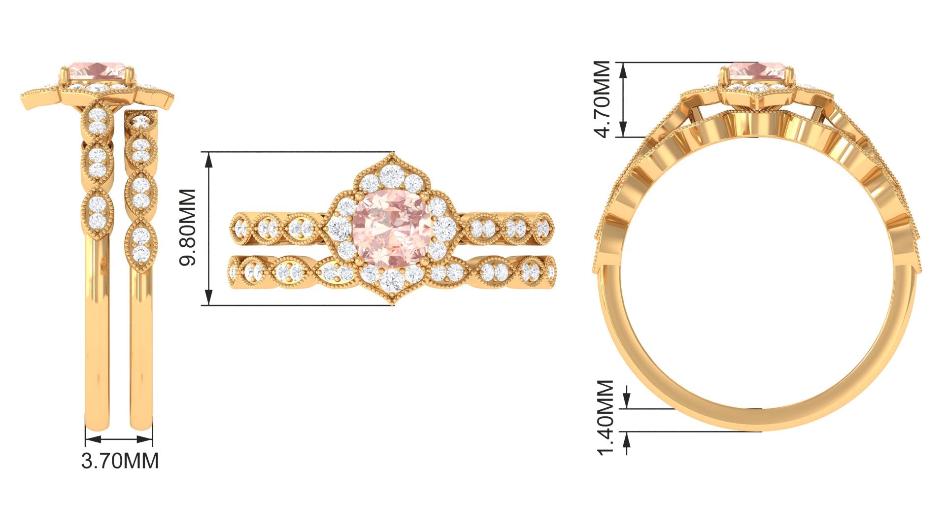 Rosec Jewels-Real Morganite Flower Ring Set with Diamond