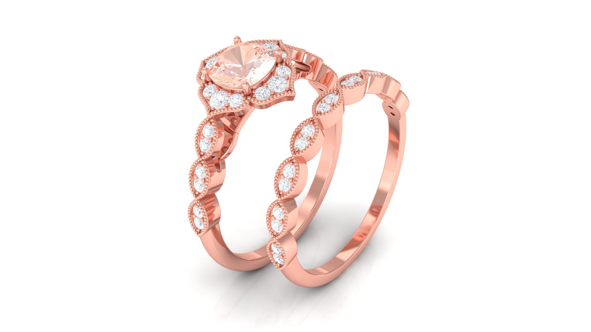 Rosec Jewels-Real Morganite Flower Ring Set with Diamond