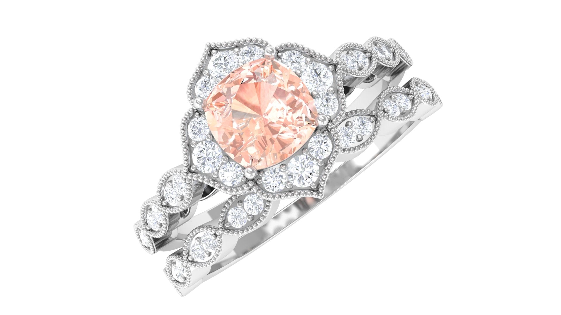 Rosec Jewels-Real Morganite Flower Ring Set with Diamond