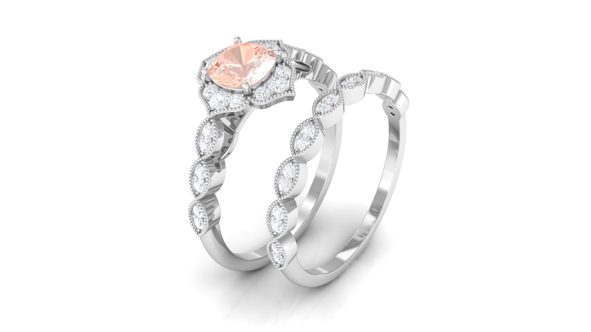 Rosec Jewels-Real Morganite Flower Ring Set with Diamond