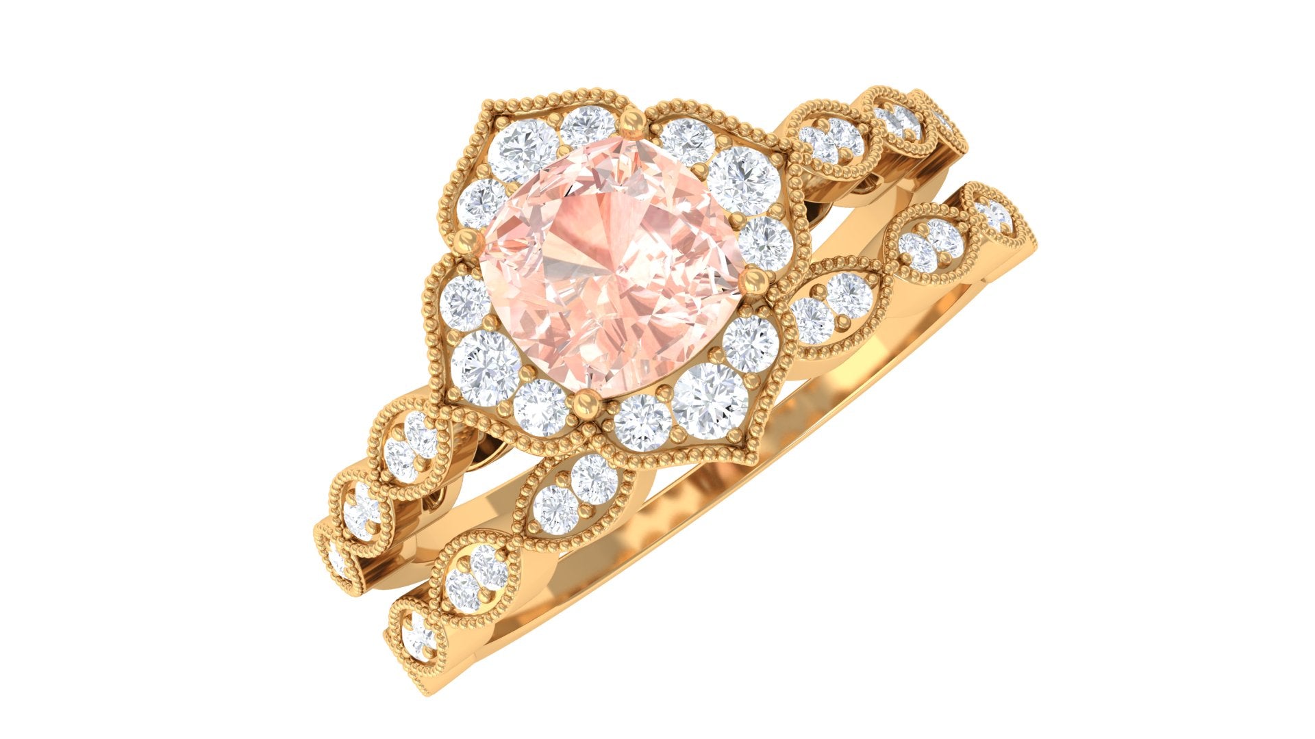 Rosec Jewels-Real Morganite Flower Ring Set with Diamond