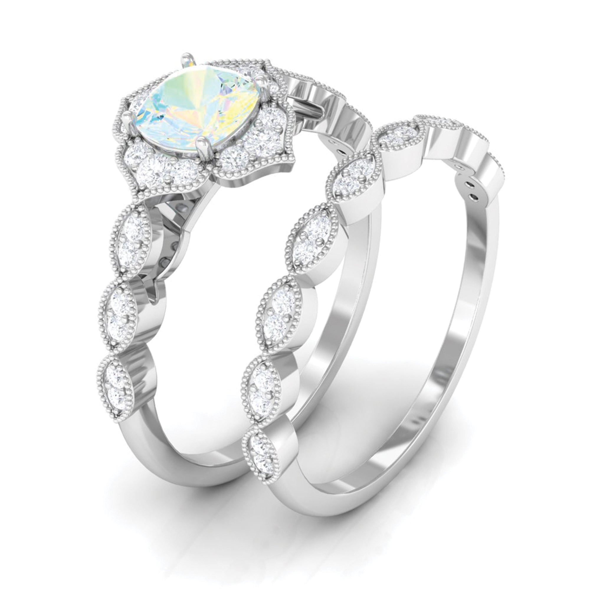 Rosec Jewels-Ethiopian Opal Flower Ring Set with Diamond and Beaded