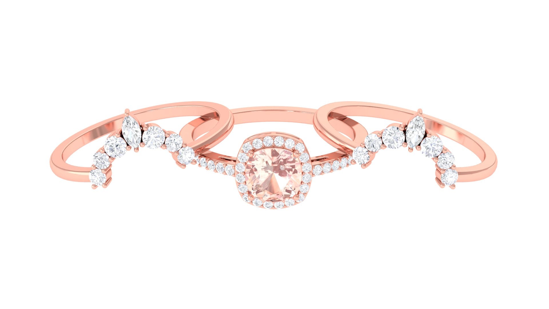 Rosec Jewels-Cushion Cut Morganite Wedding Ring Set with Moissanite