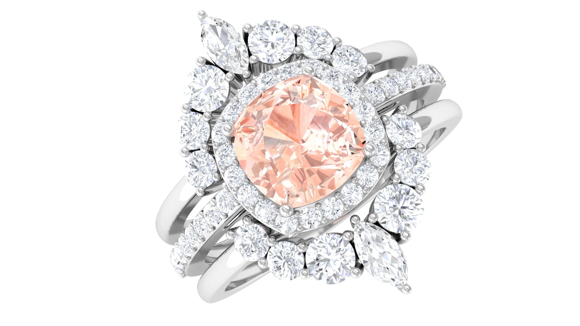 Rosec Jewels-Cushion Cut Morganite Wedding Ring Set with Moissanite