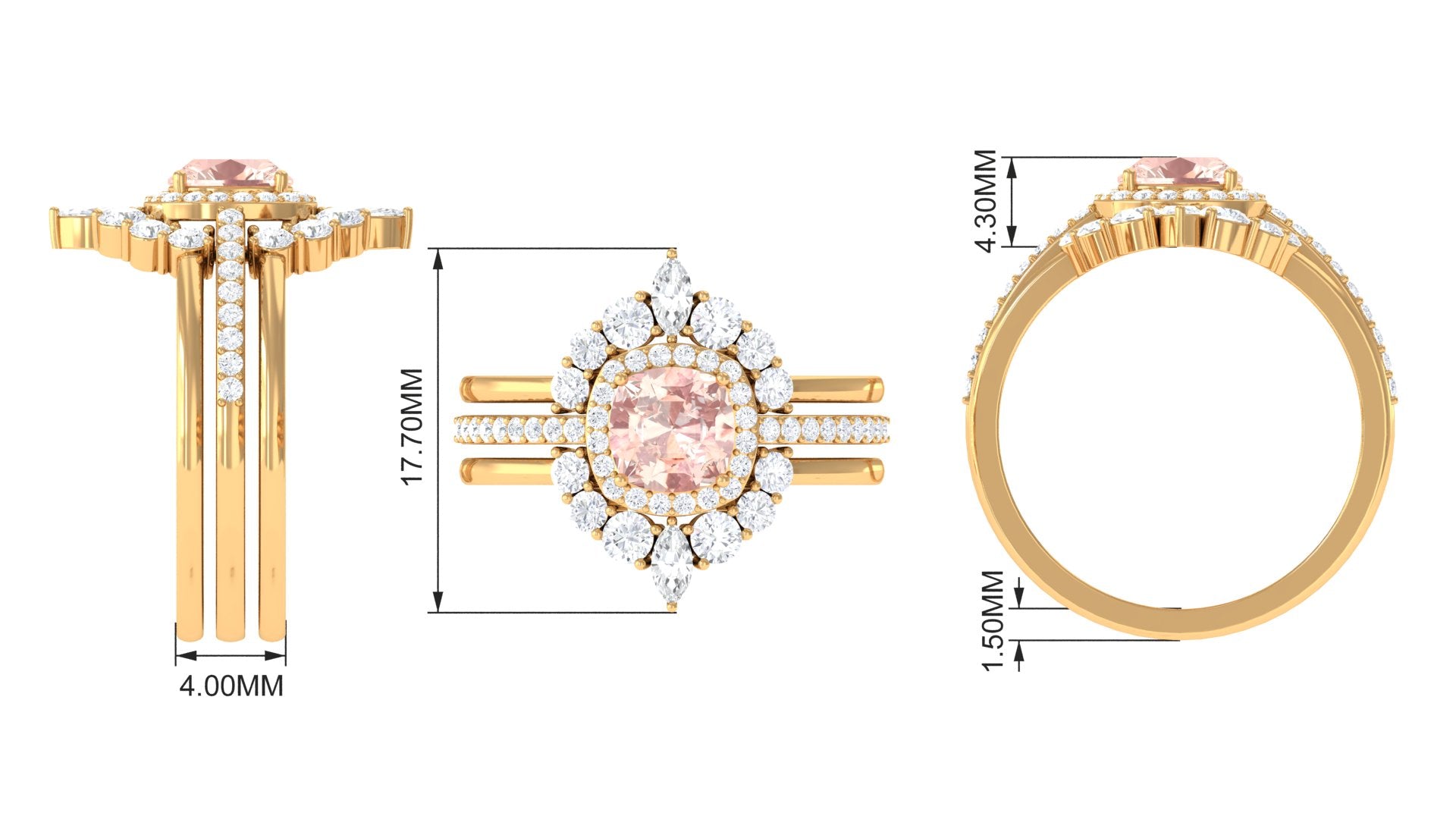 Rosec Jewels-Cushion Cut Morganite Wedding Ring Set with Moissanite