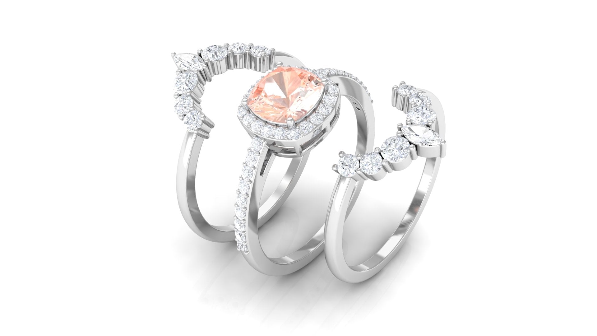 Rosec Jewels-Cushion Cut Morganite Wedding Ring Set with Moissanite