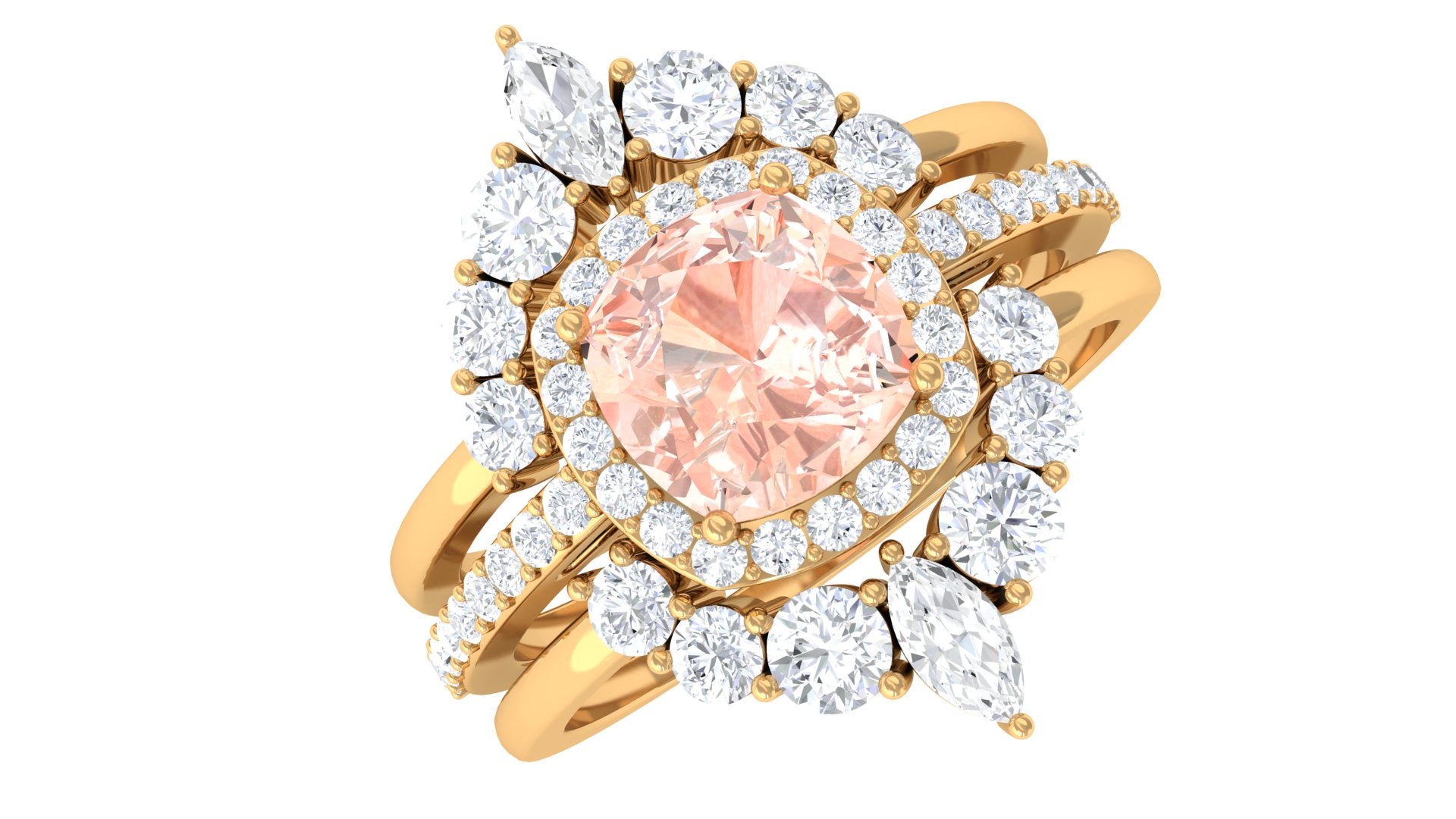 Rosec Jewels-Cushion Cut Morganite Wedding Ring Set with Moissanite