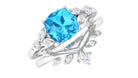 Rosec Jewels-Cushion Cut Swiss Blue Topaz Solitaire Ring Set with Diamond