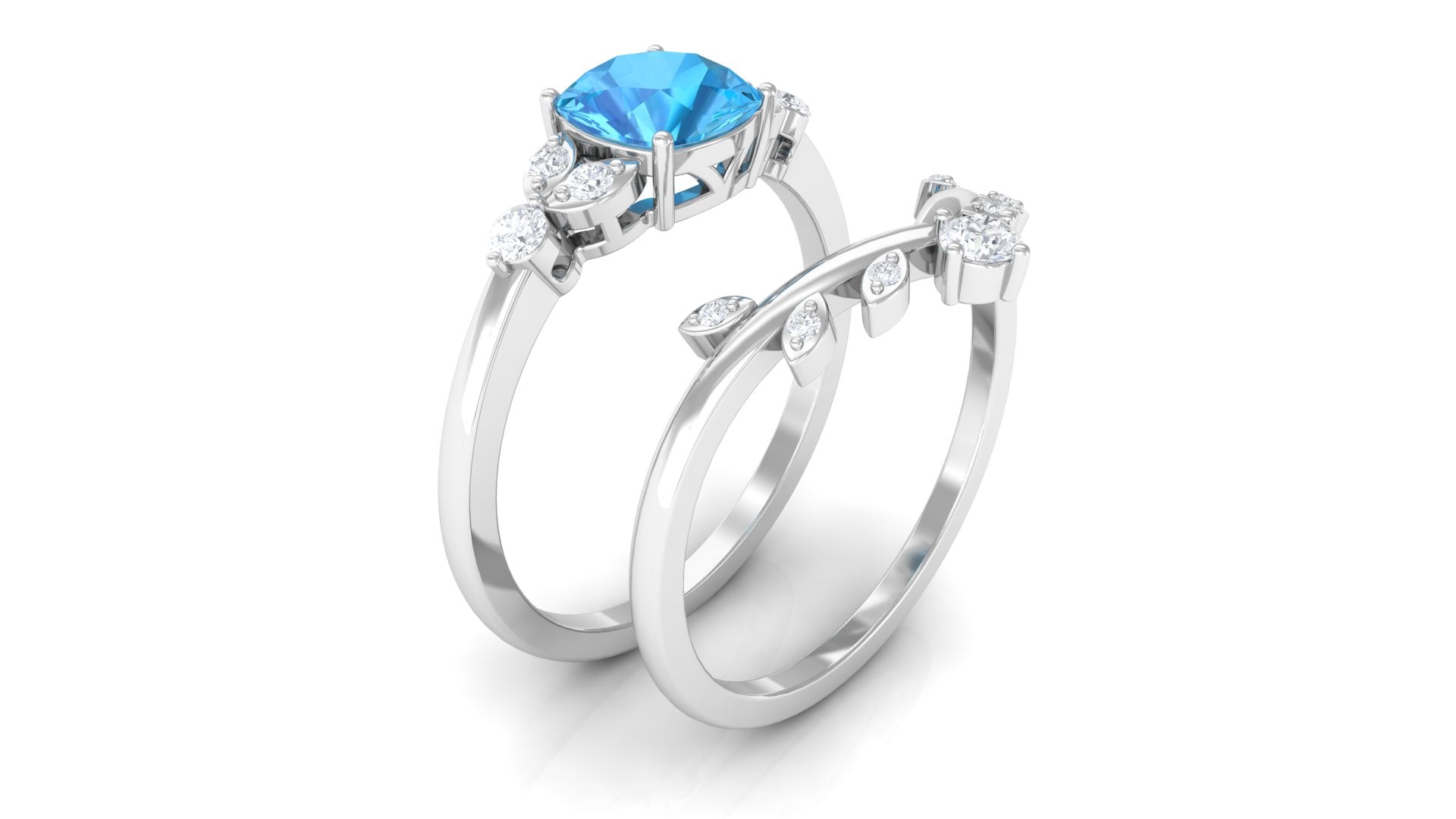 Rosec Jewels-Cushion Cut Swiss Blue Topaz Solitaire Ring Set with Diamond