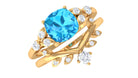 Rosec Jewels-Cushion Cut Swiss Blue Topaz Solitaire Ring Set with Diamond