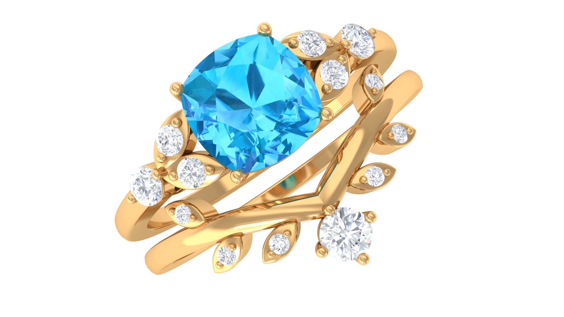 Rosec Jewels-Cushion Cut Swiss Blue Topaz Solitaire Ring Set with Diamond