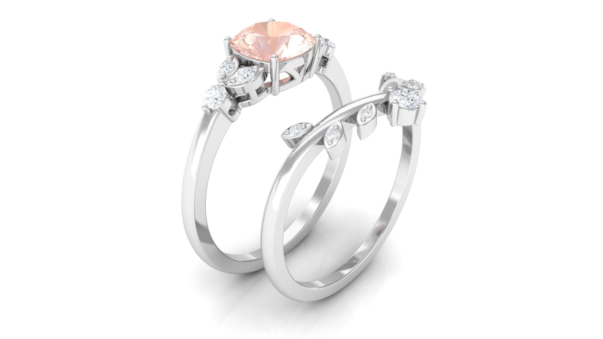 Rosec Jewels-Morganite and Diamond Ring Set with Leaf Motif