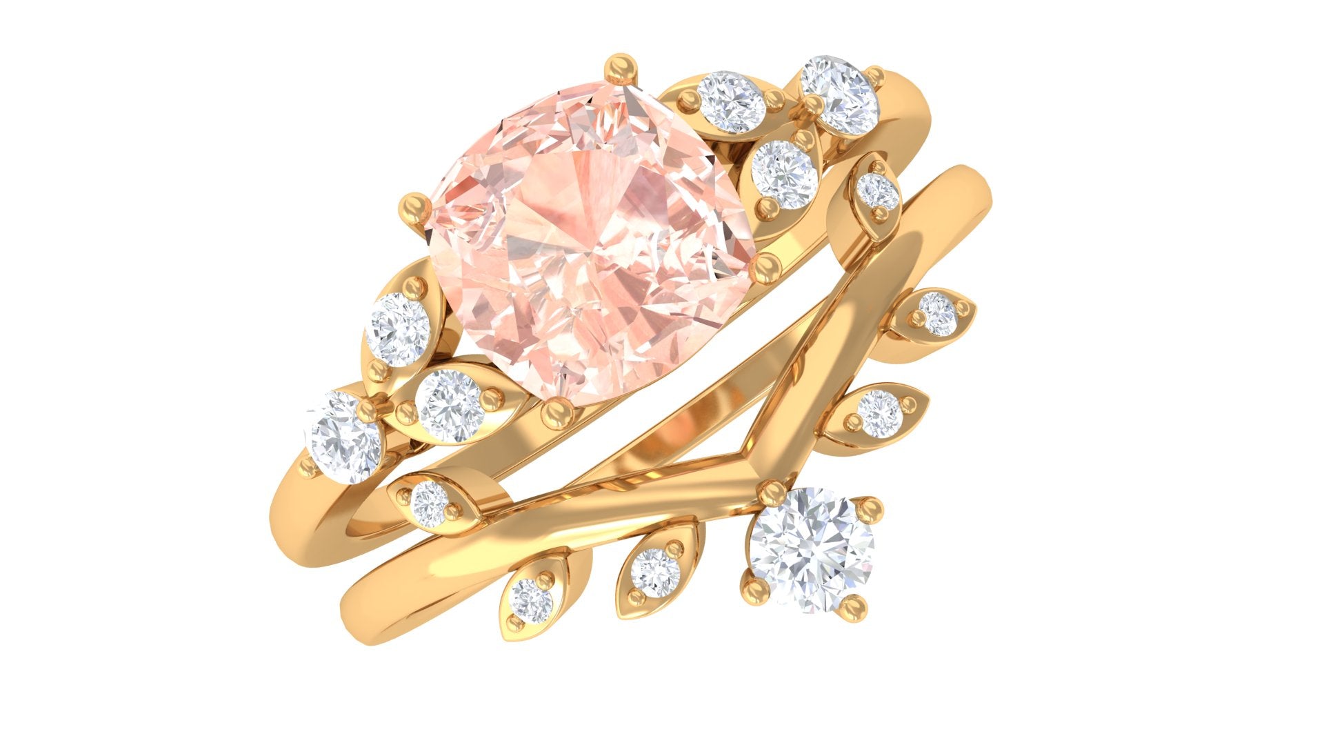 Rosec Jewels-Morganite and Diamond Ring Set with Leaf Motif